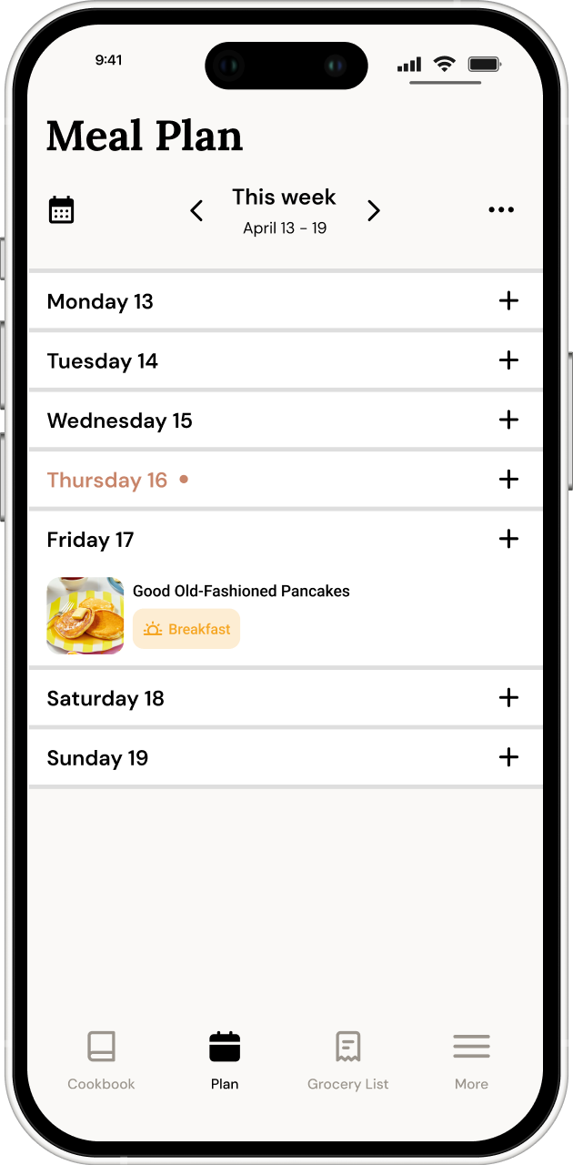 Meal planning screen